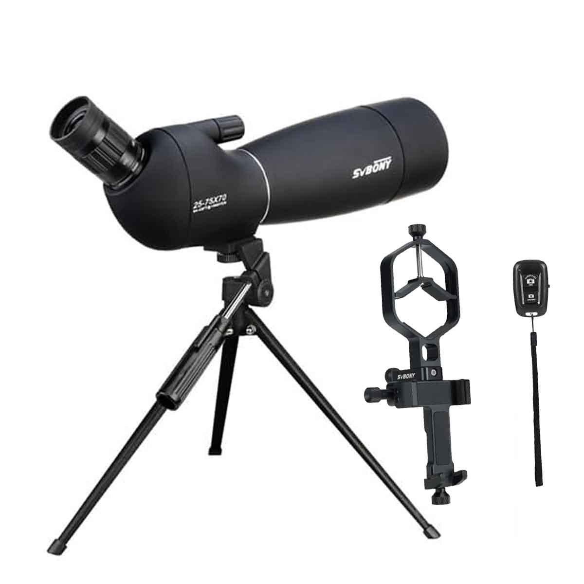 Longue-vue SV28 25–75×70 IPX4 avec trépied de table et adaptateur smartphone – SVBONY