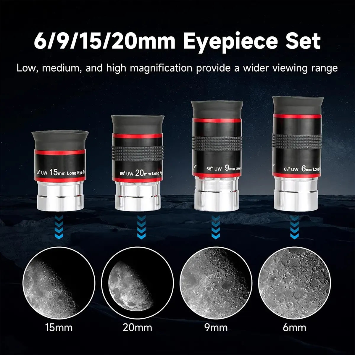 Oculaires Ultra Grand Angle 68° - 6mm, 9mm, 15mm, 20mm - SVBONY