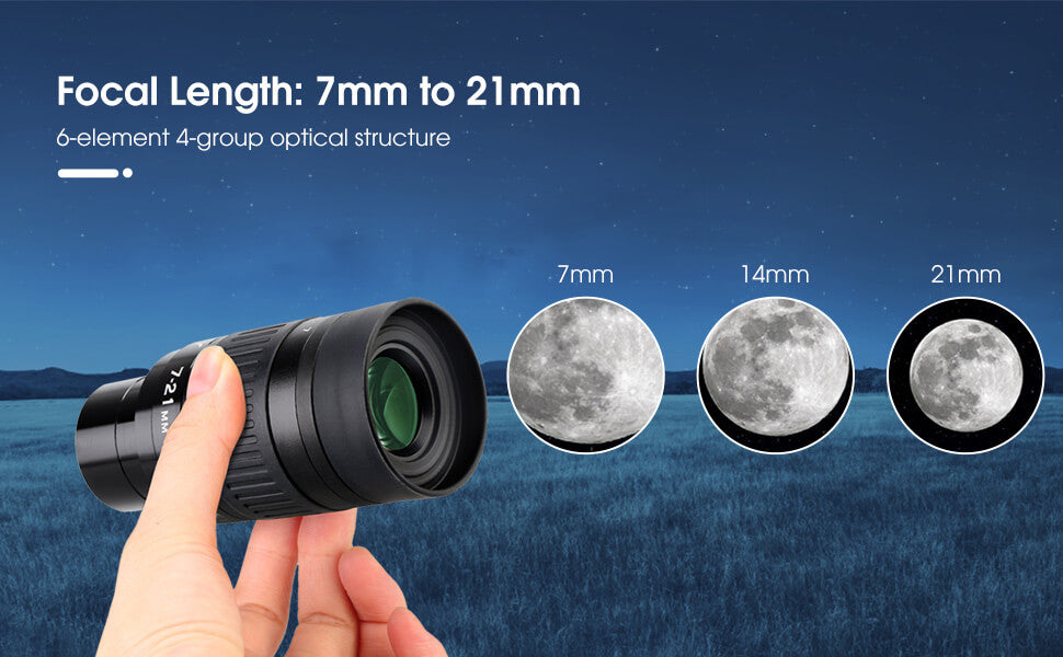 Svbony SV135 Oculaire Télescope, 7-21 mm 1,25'', 57°-40°, Accessoire pour Télescope, pour Lune Svbony SV135 Oculaire Télescope, 7-21 mm 1,25'', 57°-40°, Accessoire pour Télescope, pour Lune