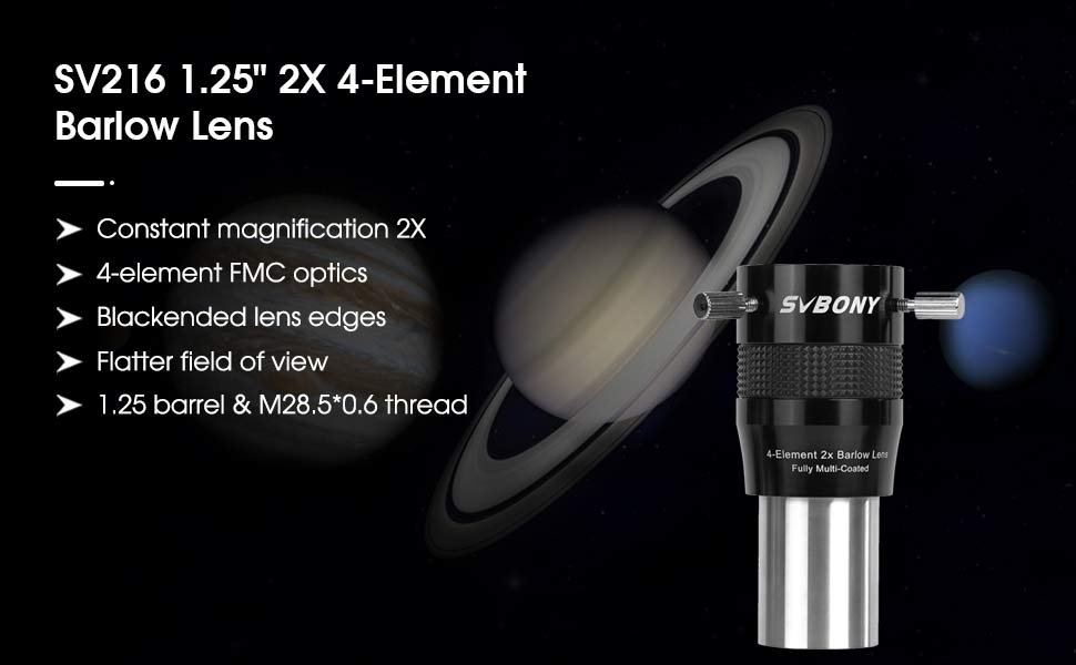 Barlow 2x 4-éléments pour l'observation planétaire et la photographie - SVBONY