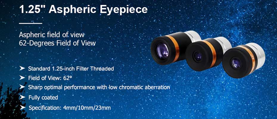 Oculare Asfénico SVBONY 62° 4/10/23 mm HD con Tratamiento Integral para Telescopios 1,25"