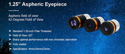 Oculare Asfénico SVBONY 62° 4/10/23 mm HD con Tratamiento Integral para Telescopios 1,25"