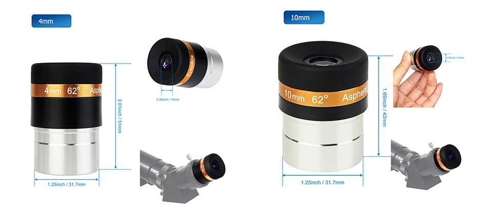 Oculare Asfénico SVBONY 62° 4/10/23 mm HD con Tratamiento Integral para Telescopios 1,25"