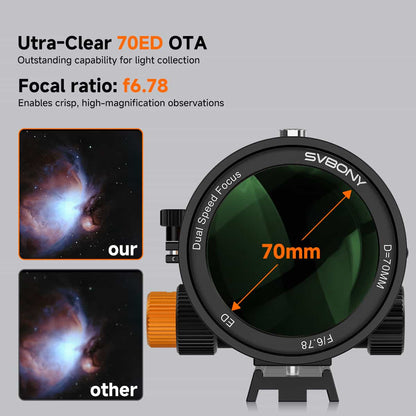 Lunette ED 70mm f/6.78 Quadruplet avec Champ Plat Intégré pour l’Astrophotographie - SVBONY
